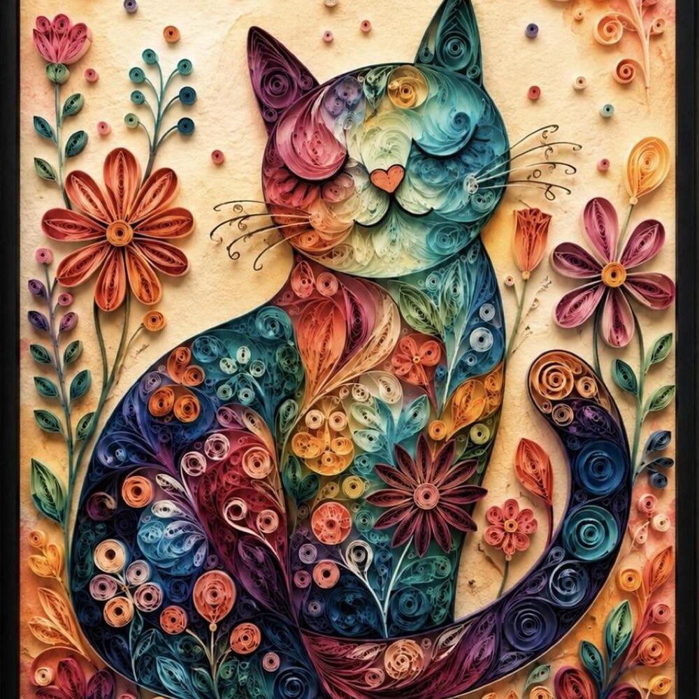 5x7 Black Framed Colorful Quilled Cat Wall Art | Vibrant Floral Cat Print | Whim